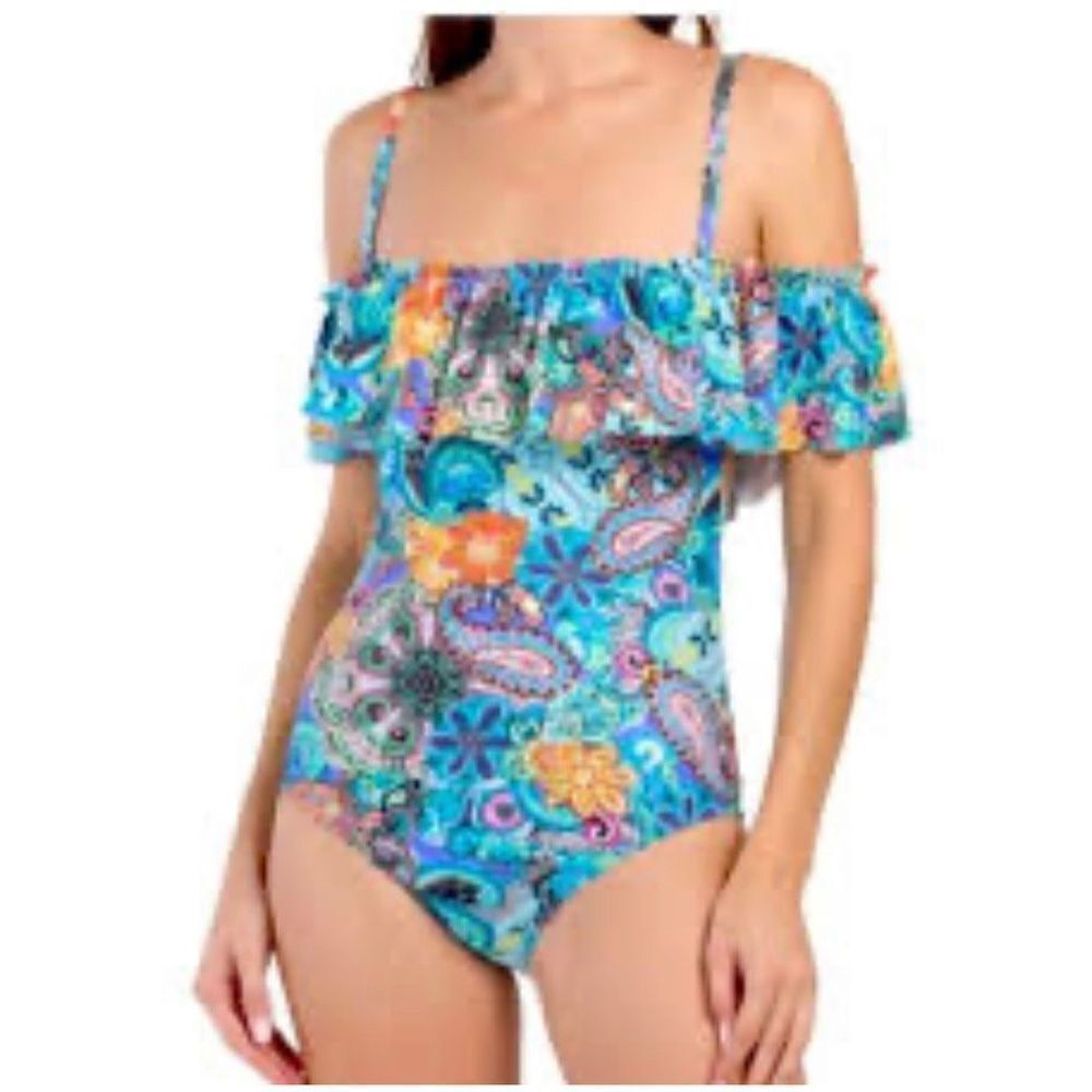 Bleu Rod Beattie Off-The-Shoulder Banded Multi-Color One-Piece Swimsuit Sz.8 -10